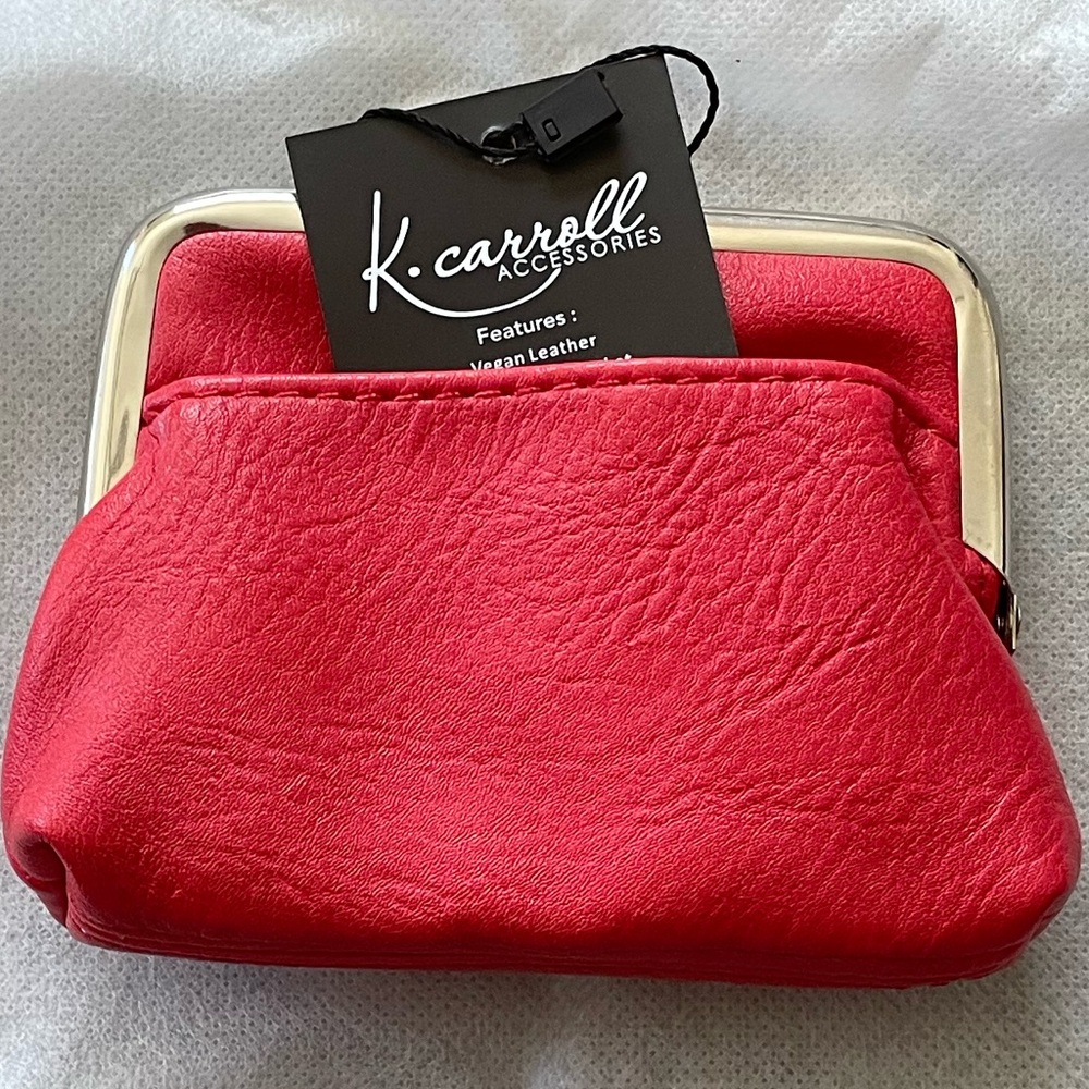 NWT “K•Carroll” Poppy Red “Coin Purse” Vegan Leather Neoprene Fabric W/2 Opening